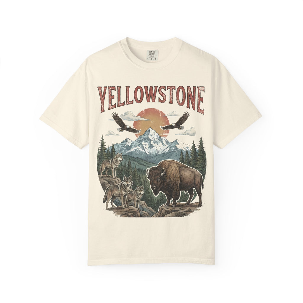Yellowstone Wildlife Graphic T-Shirt — Vintage Bison, Wolves & Mountain Nature Tee