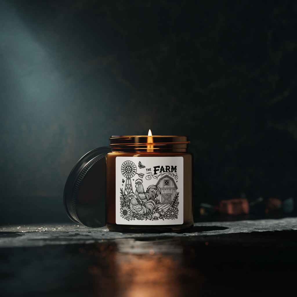 Farmhouse Soy Candle — Amber Jar Scented Candle with 'The Farm' Vintage Barn Label