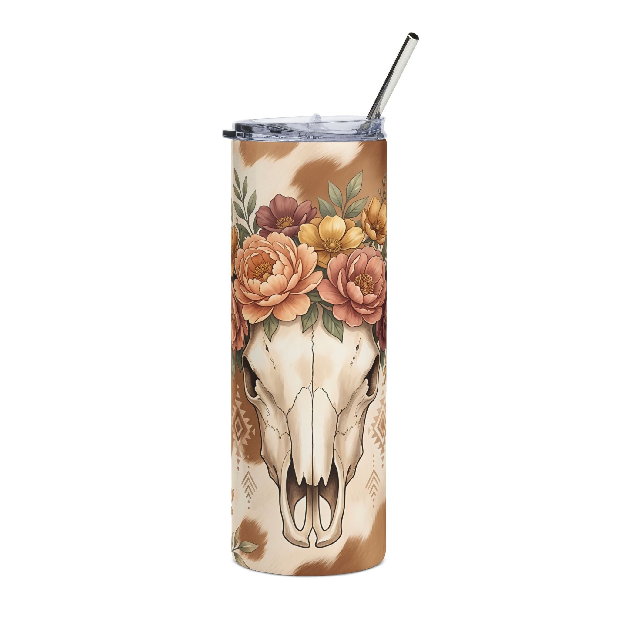 Cow Skull Floral 20oz Stainless Steel Tumbler — Boho Western Insulated Drink Cup