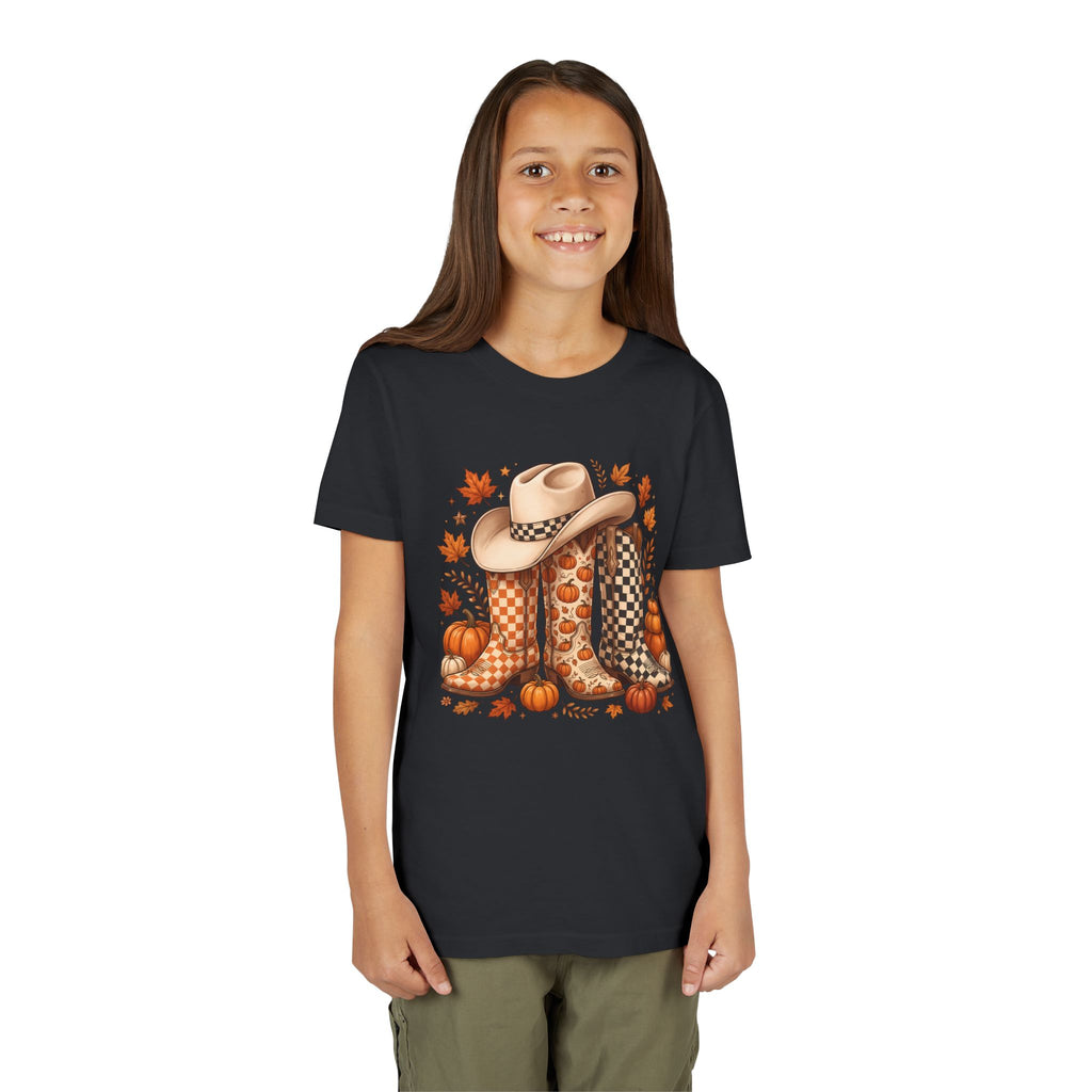 Youth T-Shirt — Fall Cowboy Boots & Pumpkins Autumn Graphic Tee