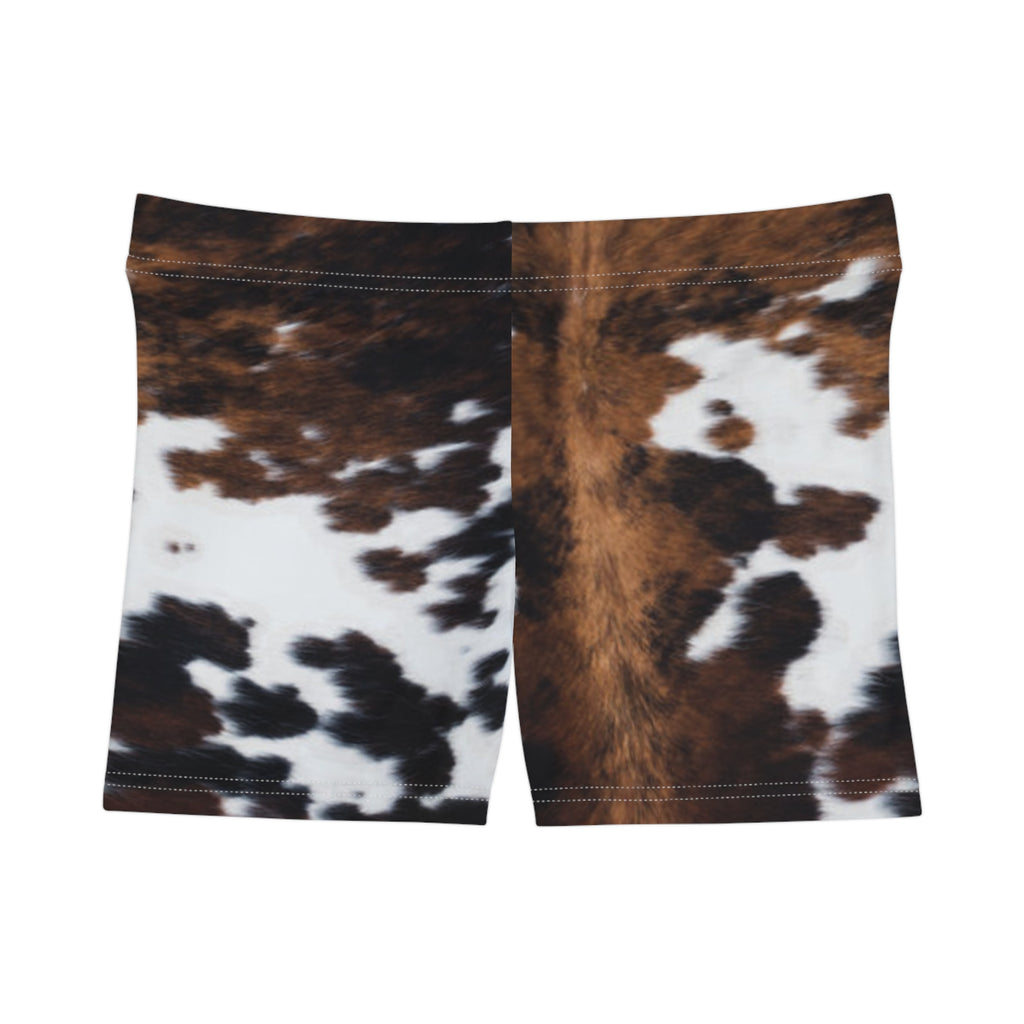 Cow Print Women's Shorts — Brown & White Animal Pattern Activewear