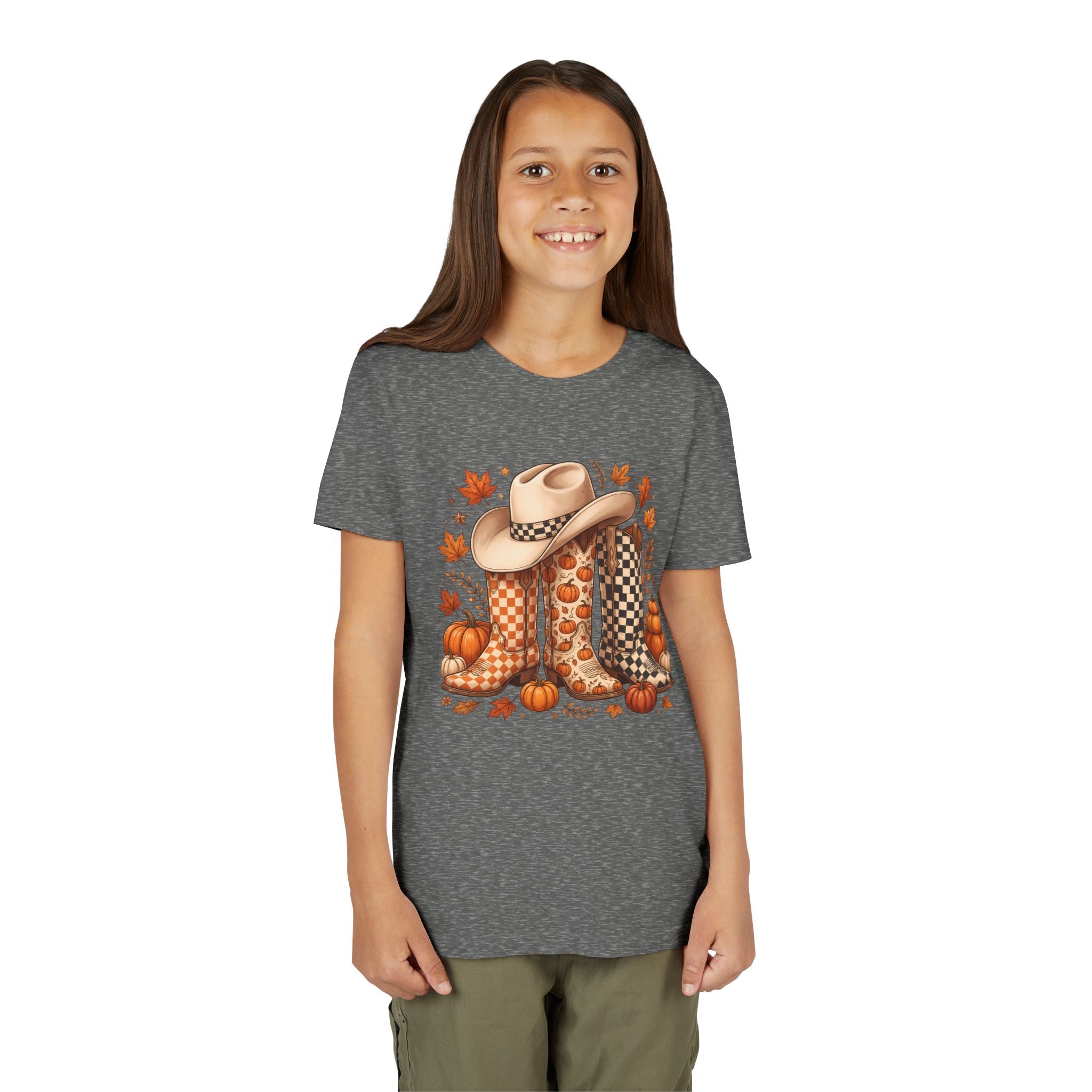 Youth T-Shirt — Fall Cowboy Boots & Pumpkins Autumn Graphic Tee