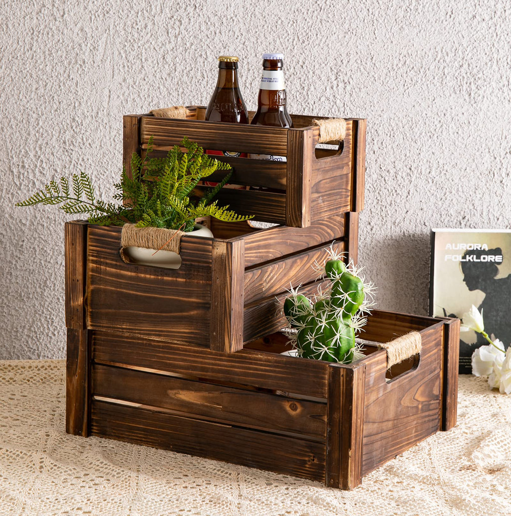 TIMRIS Set of 3 Rustic Wood Nesting Crates Farmhouse Wooden Storage Container Boxes with Cutout Handles Decorative Wooden Baskets for Display (Rustic Brown)