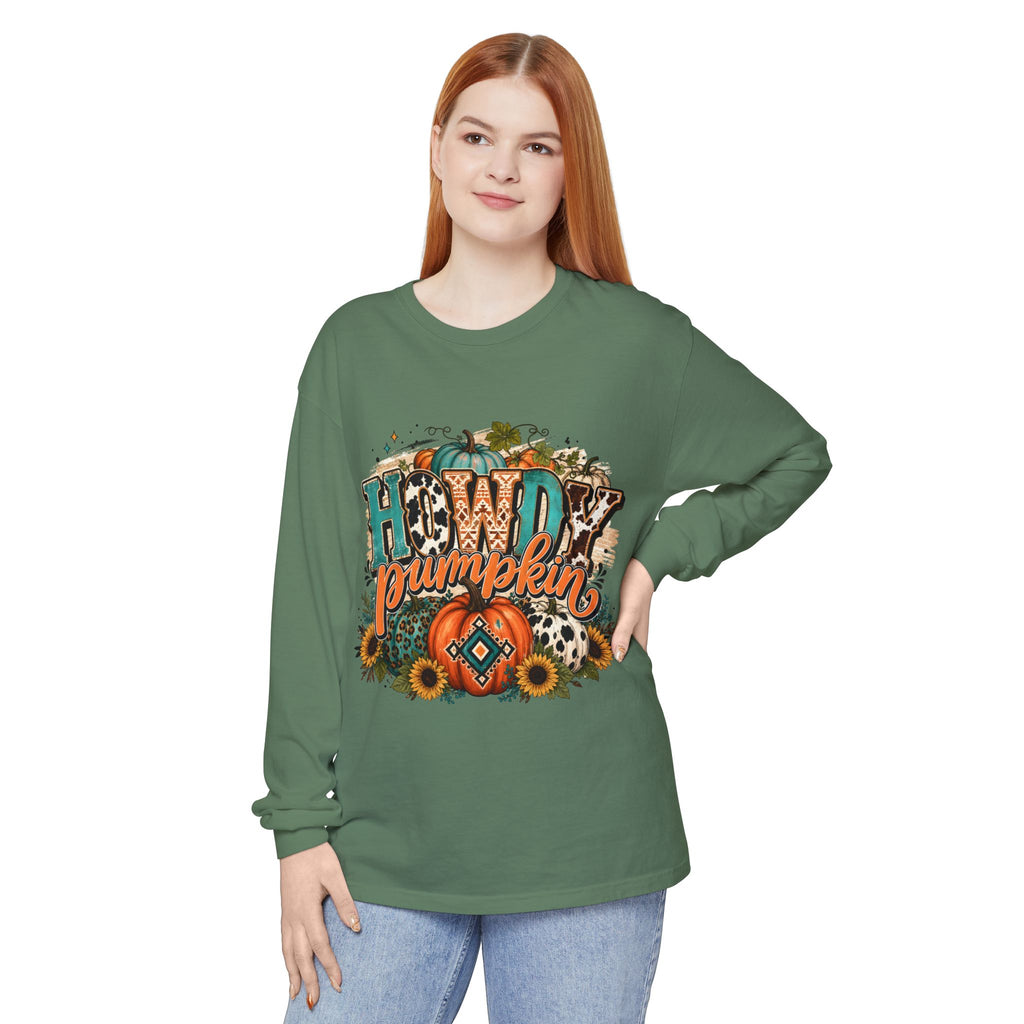 Howdy Pumpkin Long Sleeve Tee — Fall Pumpkin & Sunflower Graphic Shirt