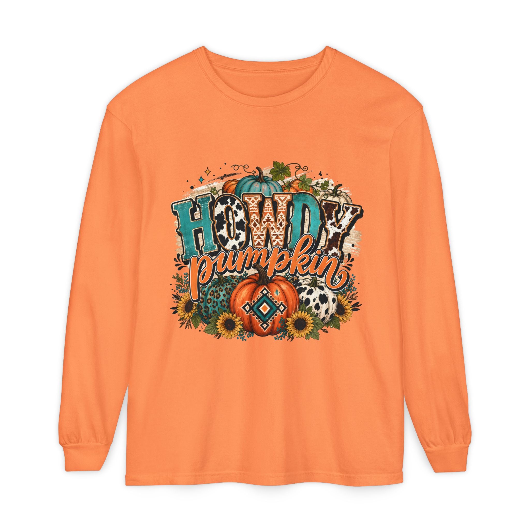 Howdy Pumpkin Long Sleeve Tee — Fall Pumpkin & Sunflower Graphic Shirt