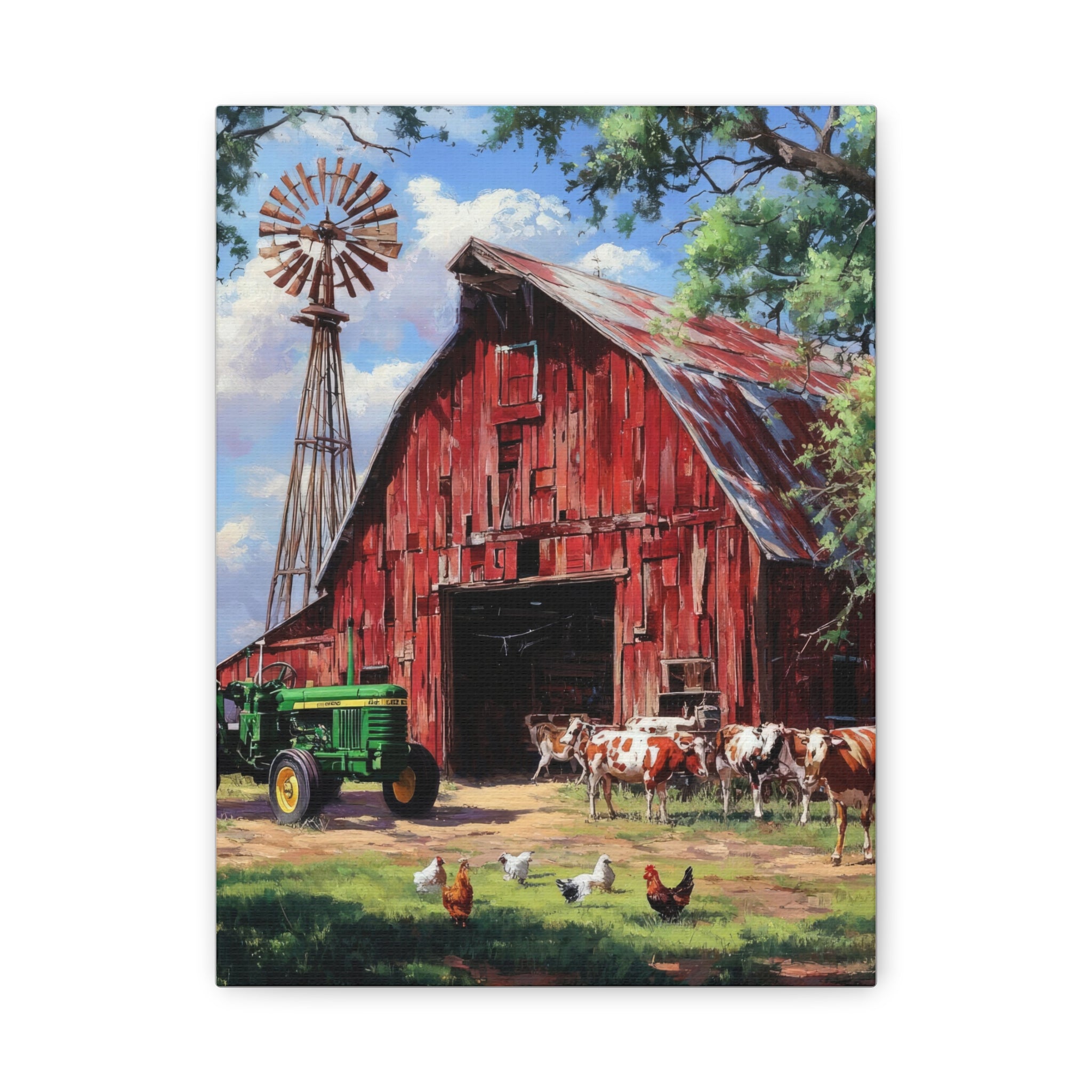 Rustic Red Barn Farm Canvas Print — Country Tractor & Animals Wall Art