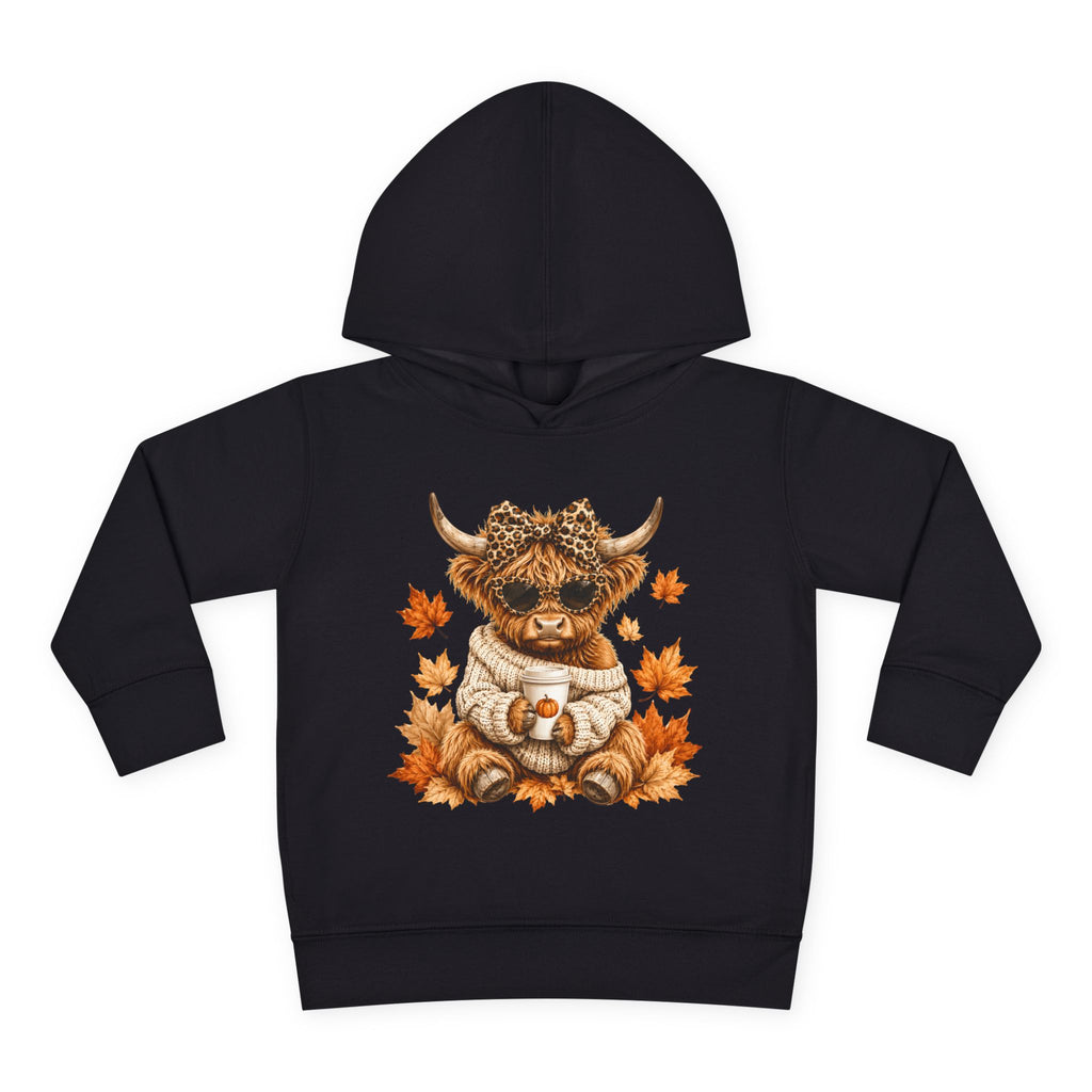 Toddler Hoodie — Autumn Highland Cow in Cozy Sweater (Fall Leaves)