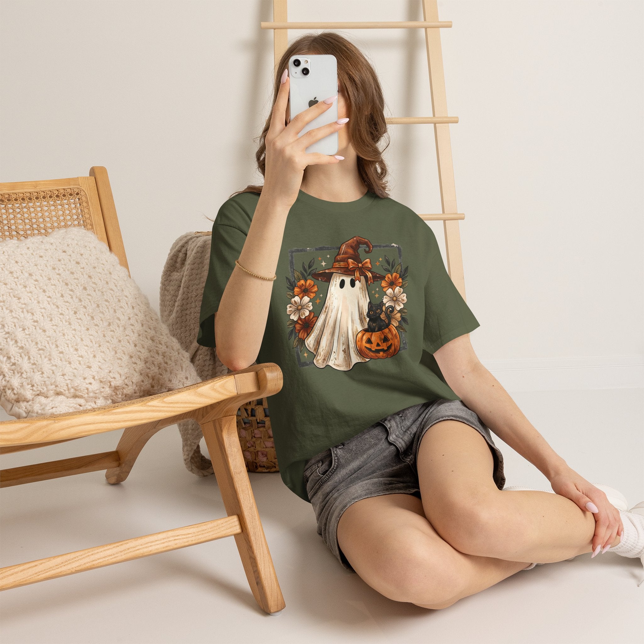 Halloween Ghost Tee — Cute Ghost in Witch Hat with Pumpkin & Flowers