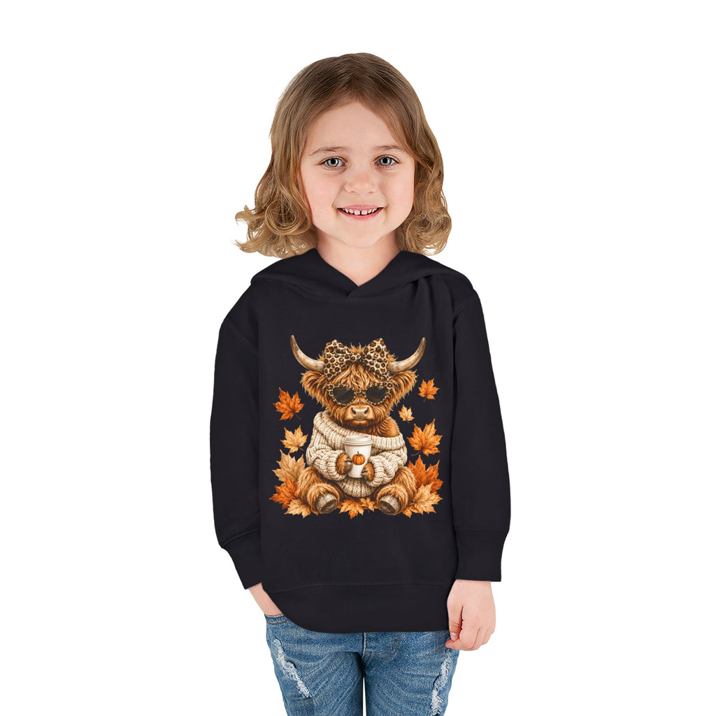 Toddler Hoodie — Autumn Highland Cow in Cozy Sweater (Fall Leaves)