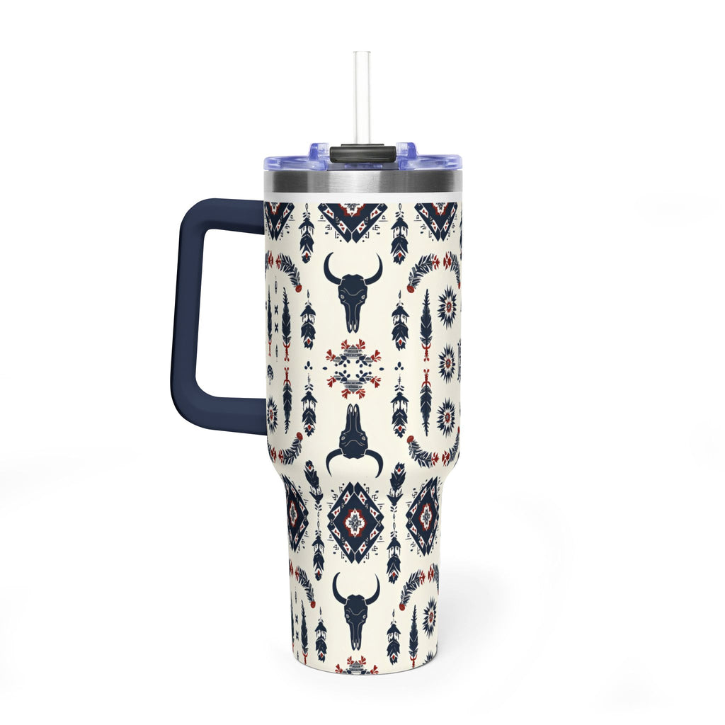 40oz Western Aztec Tumbler - Vacuum Insulated Travel Mug with Bull Skull Pattern