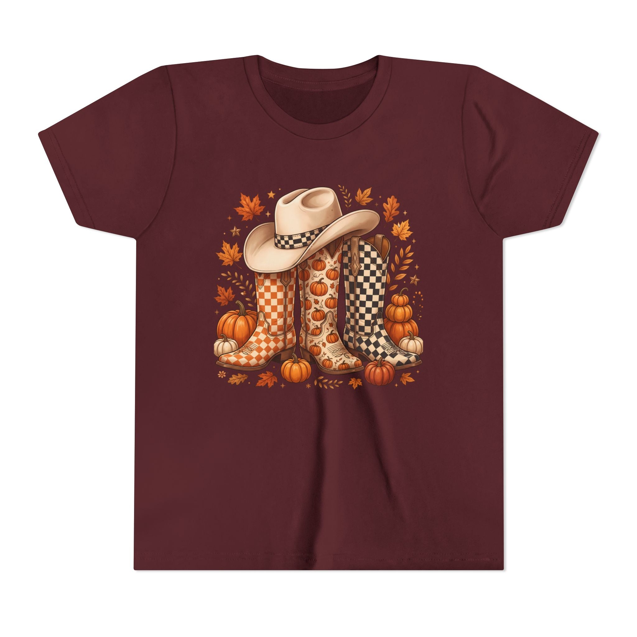 Youth T-Shirt — Fall Cowboy Boots & Pumpkins Autumn Graphic Tee