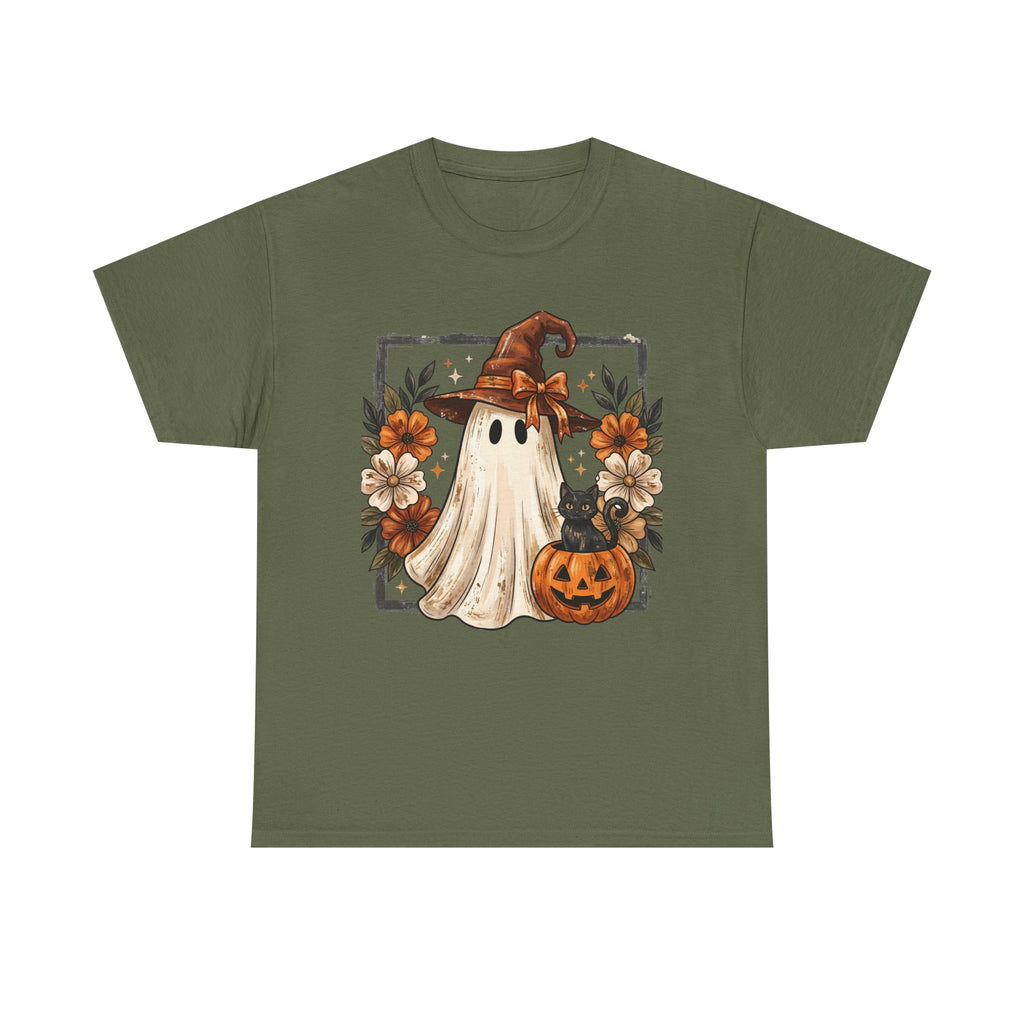 Halloween Ghost Tee — Cute Ghost in Witch Hat with Pumpkin & Flowers