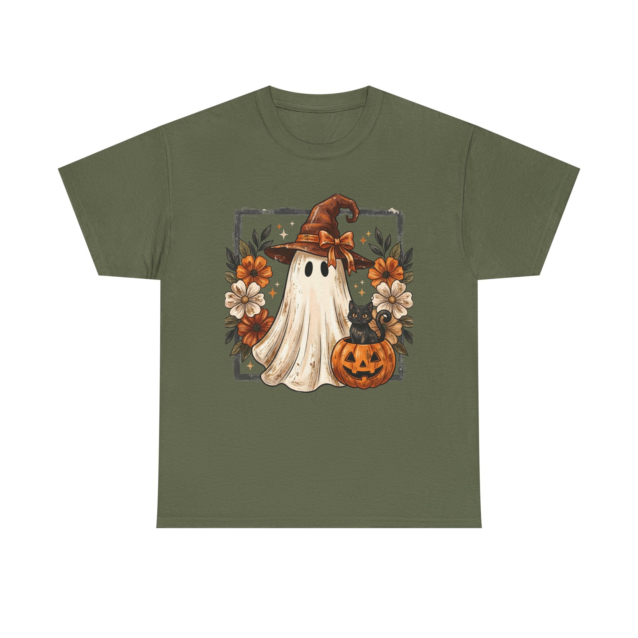 Halloween Ghost Tee — Cute Ghost in Witch Hat with Pumpkin & Flowers