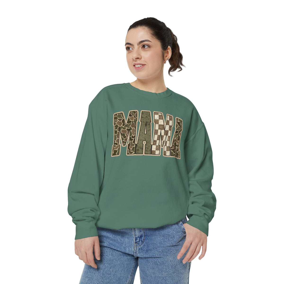 MAMA Camo Patch Sweatshirt — Women's Mama Graphic Crewneck