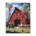 A rectangular canvas print featuring a colorful painted farm scene with a red barn, windmill, green tractor, cows, and chickens under a blue sky.