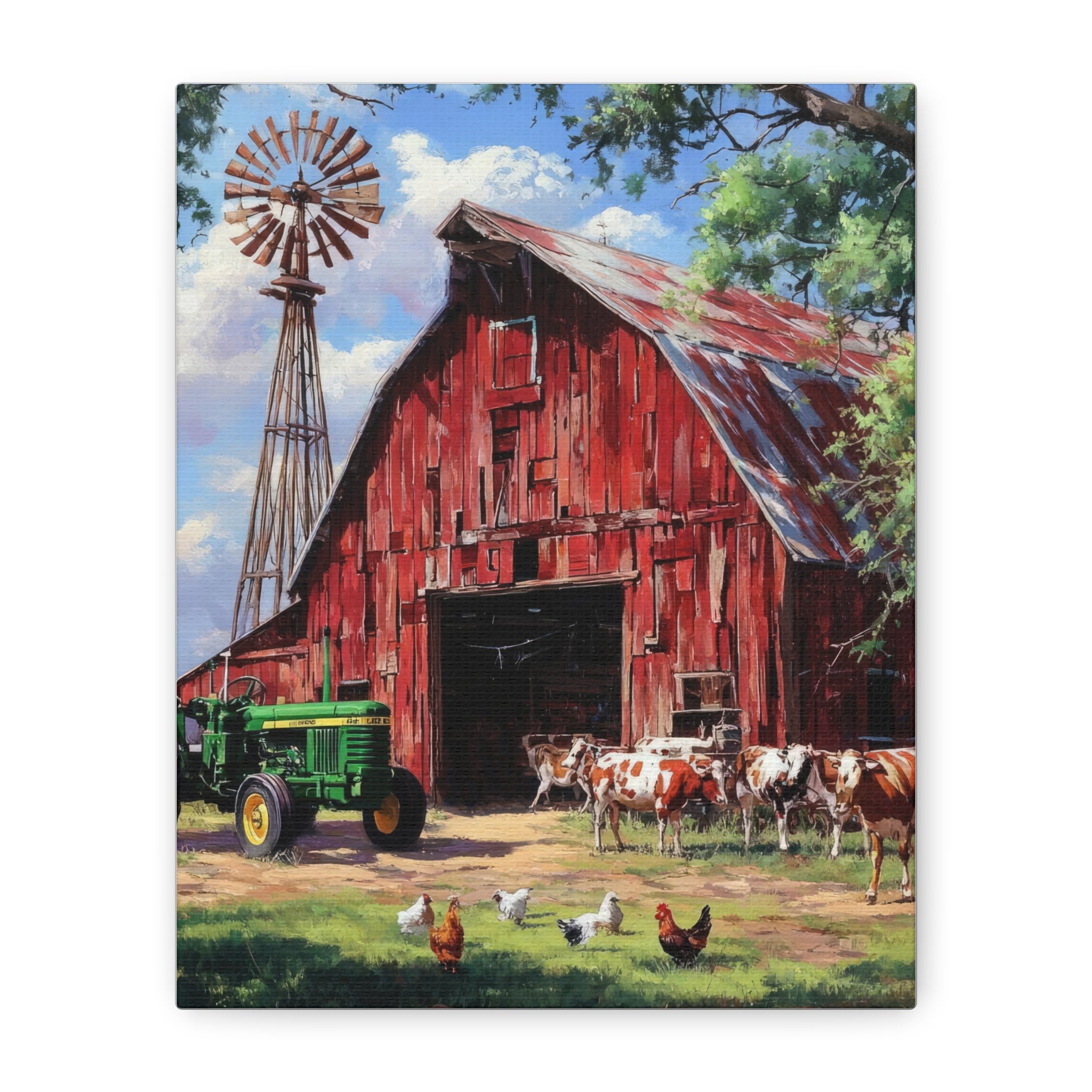 A rectangular canvas print featuring a colorful painted farm scene with a red barn, windmill, green tractor, cows, and chickens under a blue sky.