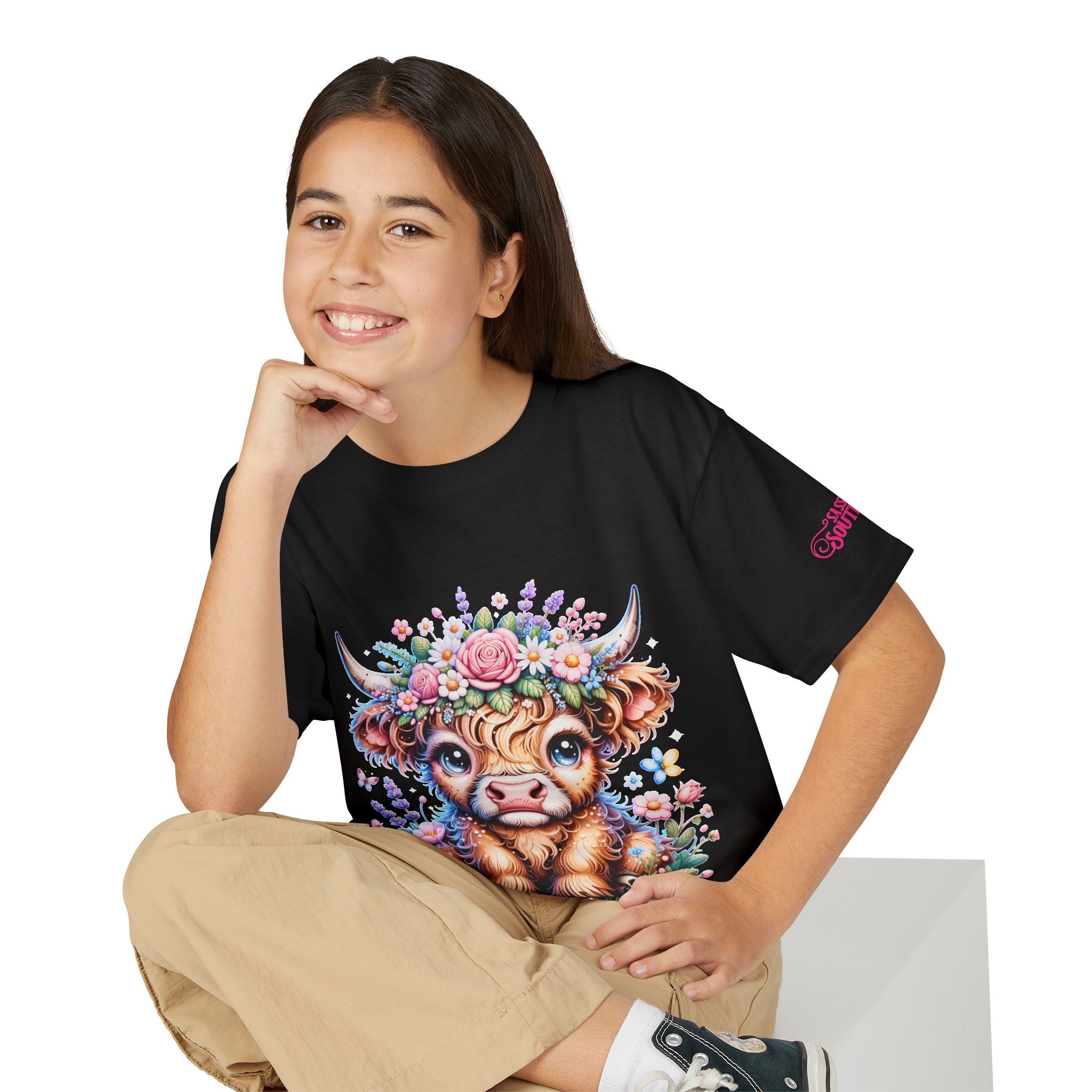 Cute Highland Calf Floral Youth T-Shirt