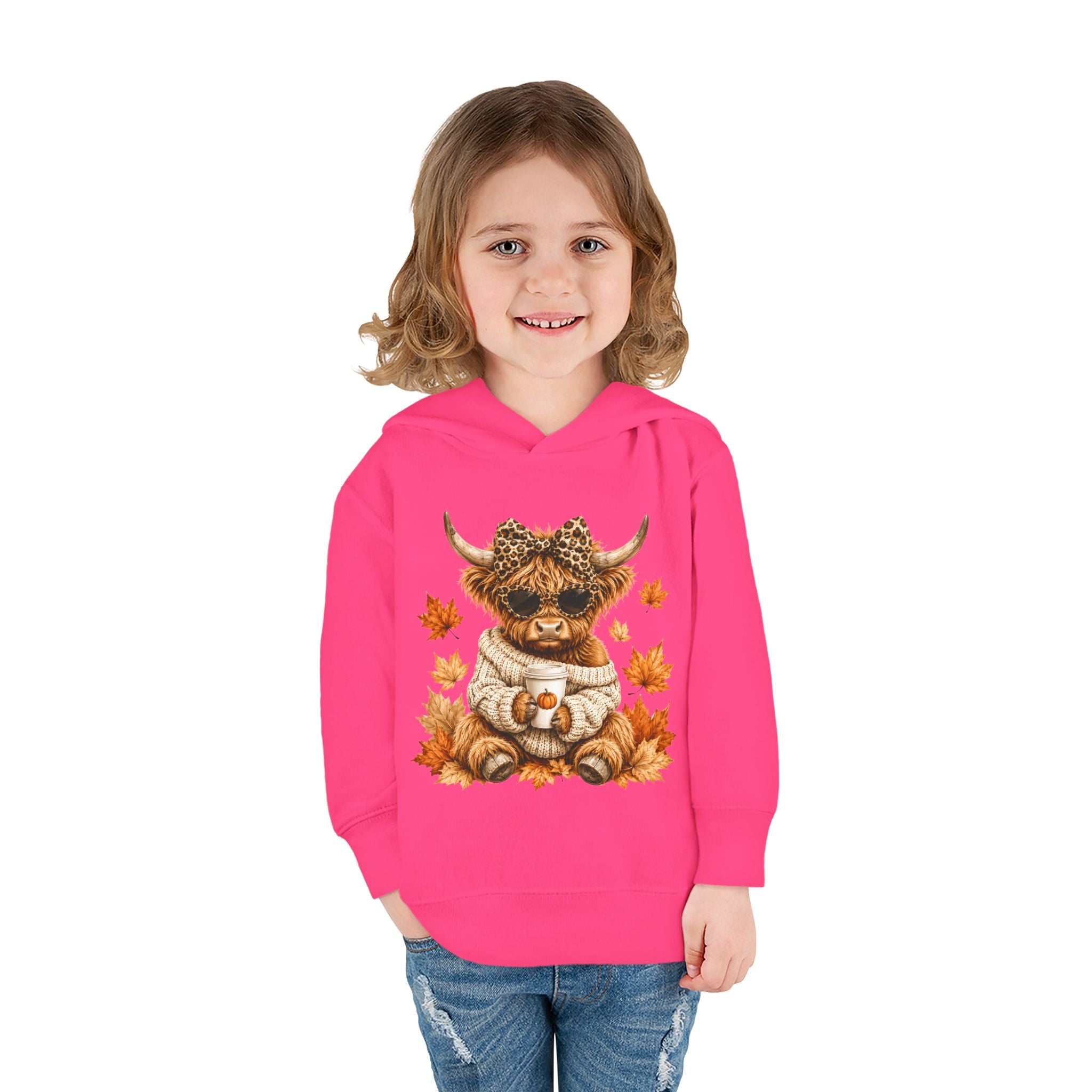 Toddler Hoodie — Autumn Highland Cow in Cozy Sweater (Fall Leaves)