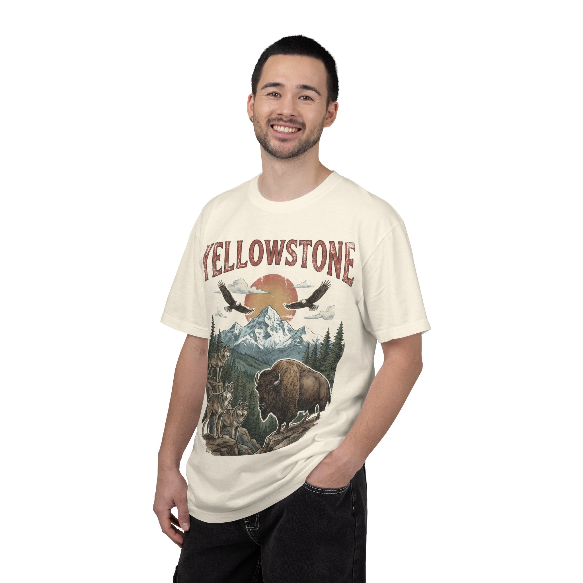 Yellowstone Wildlife Graphic T-Shirt — Vintage Bison, Wolves & Mountain Nature Tee