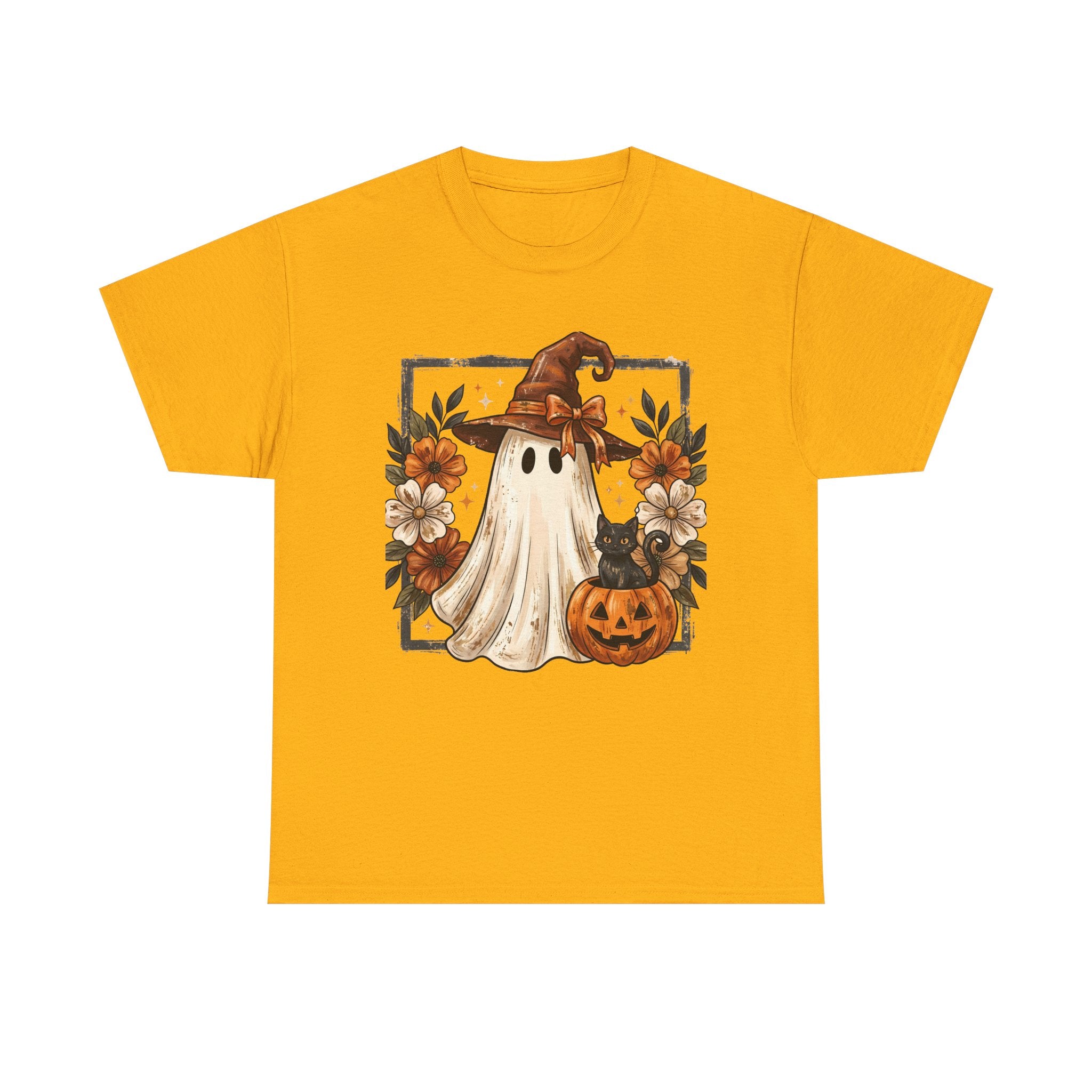Halloween Ghost Tee — Cute Ghost in Witch Hat with Pumpkin & Flowers