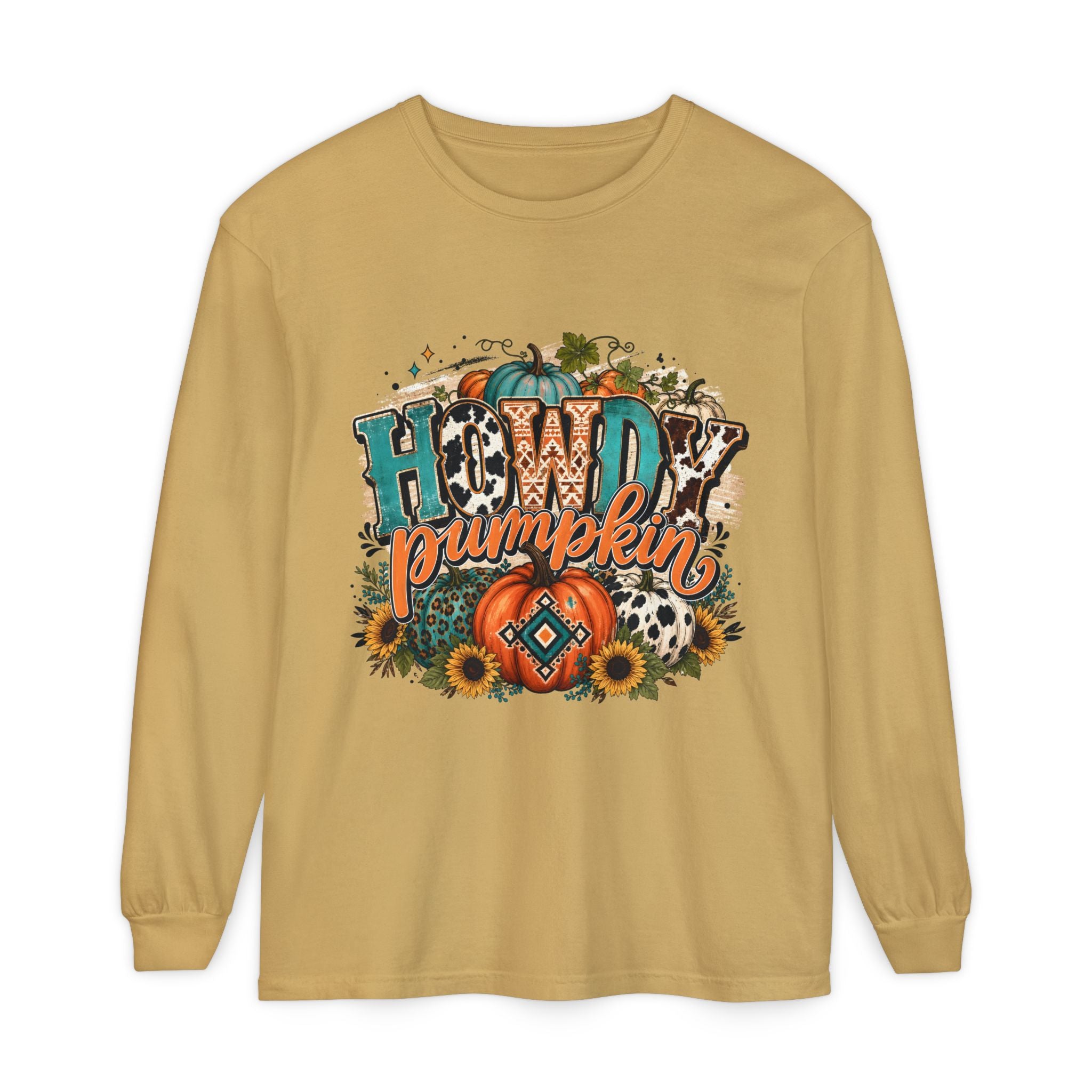 Howdy Pumpkin Long Sleeve Tee — Fall Pumpkin & Sunflower Graphic Shirt