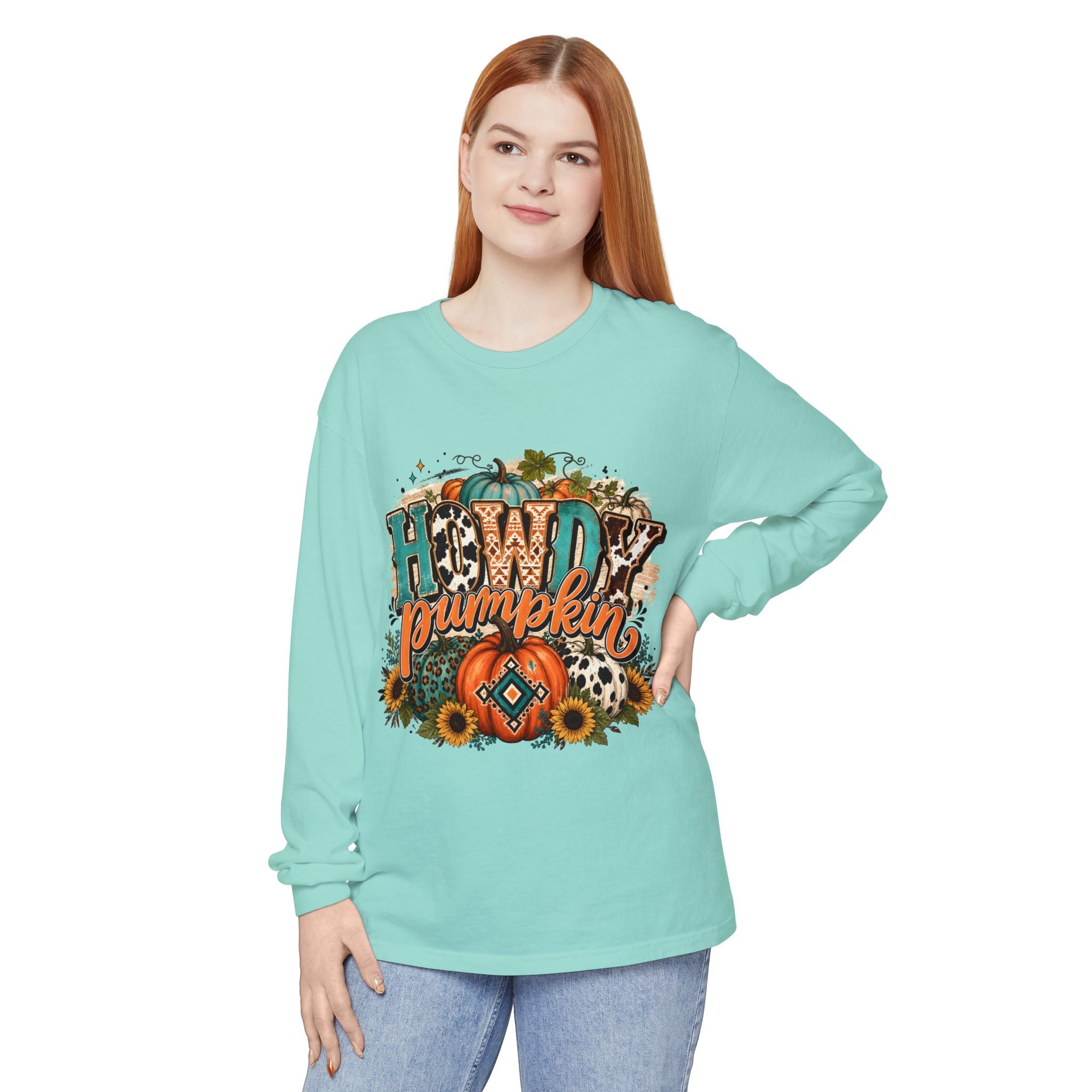 Howdy Pumpkin Long Sleeve Tee — Fall Pumpkin & Sunflower Graphic Shirt