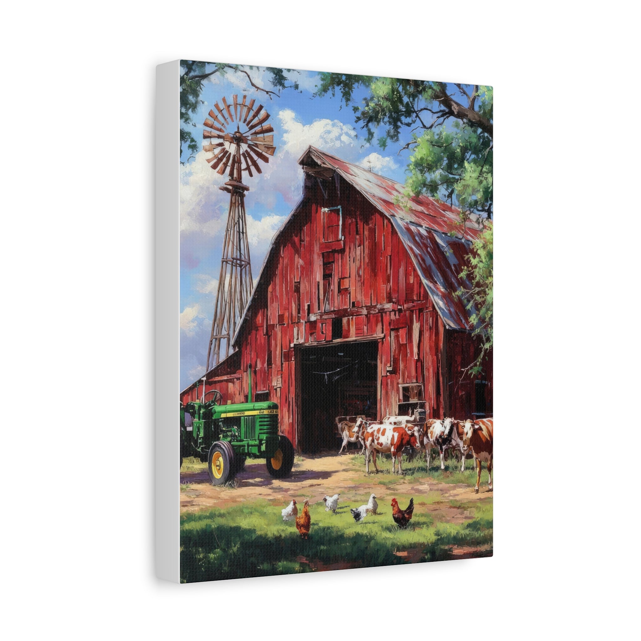 Rustic Red Barn Farm Canvas Print — Country Tractor & Animals Wall Art
