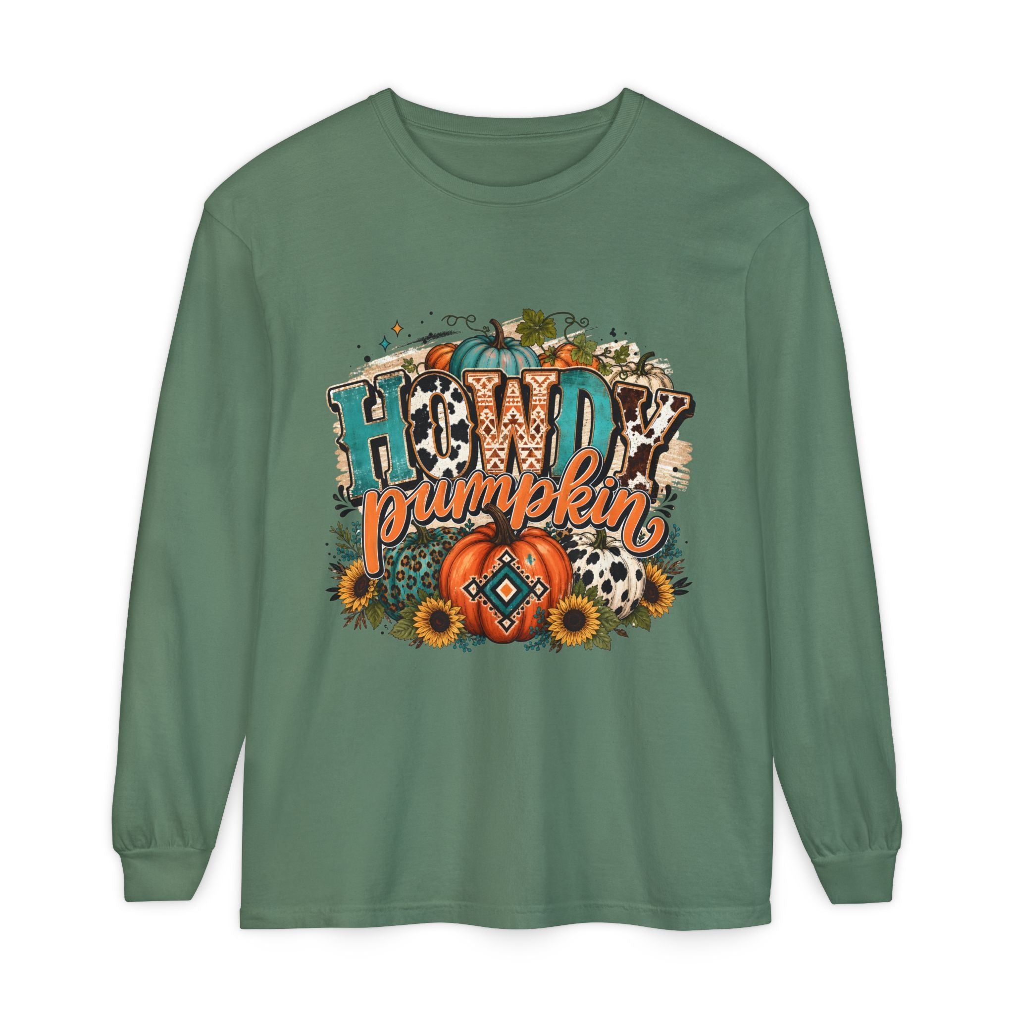 Howdy Pumpkin Long Sleeve Tee — Fall Pumpkin & Sunflower Graphic Shirt
