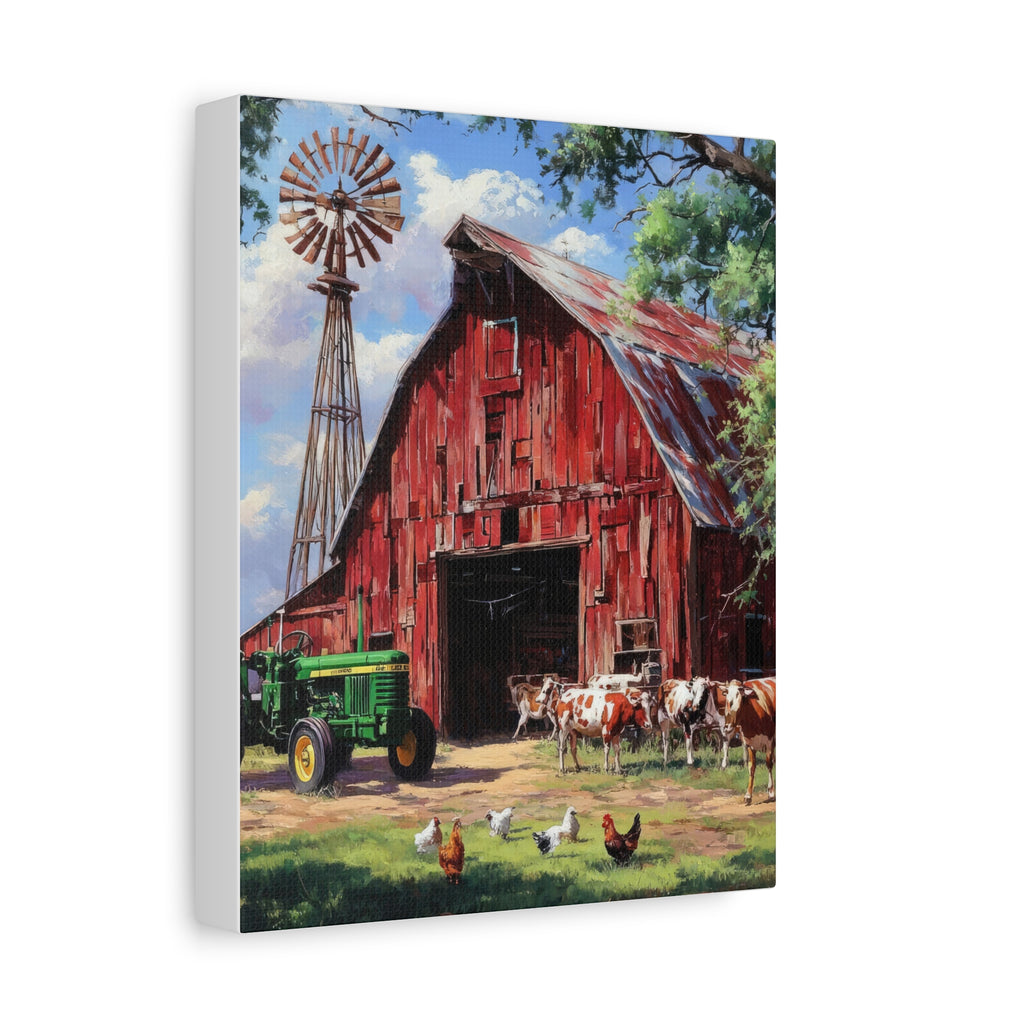 Rustic Red Barn Farm Canvas Print — Country Tractor & Animals Wall Art