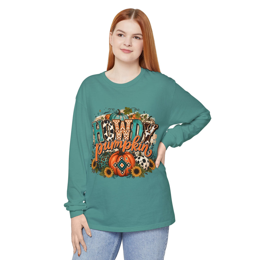 Howdy Pumpkin Long Sleeve Tee — Fall Pumpkin & Sunflower Graphic Shirt