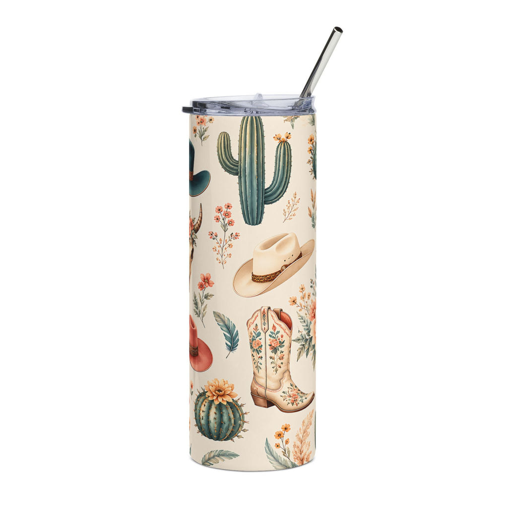 Western Cactus Cowboy 20oz Stainless Tumbler — Floral Cow Skull & Boots Travel Cup