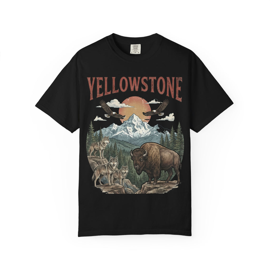Yellowstone Wildlife Graphic T-Shirt — Vintage Bison, Wolves & Mountain Nature Tee