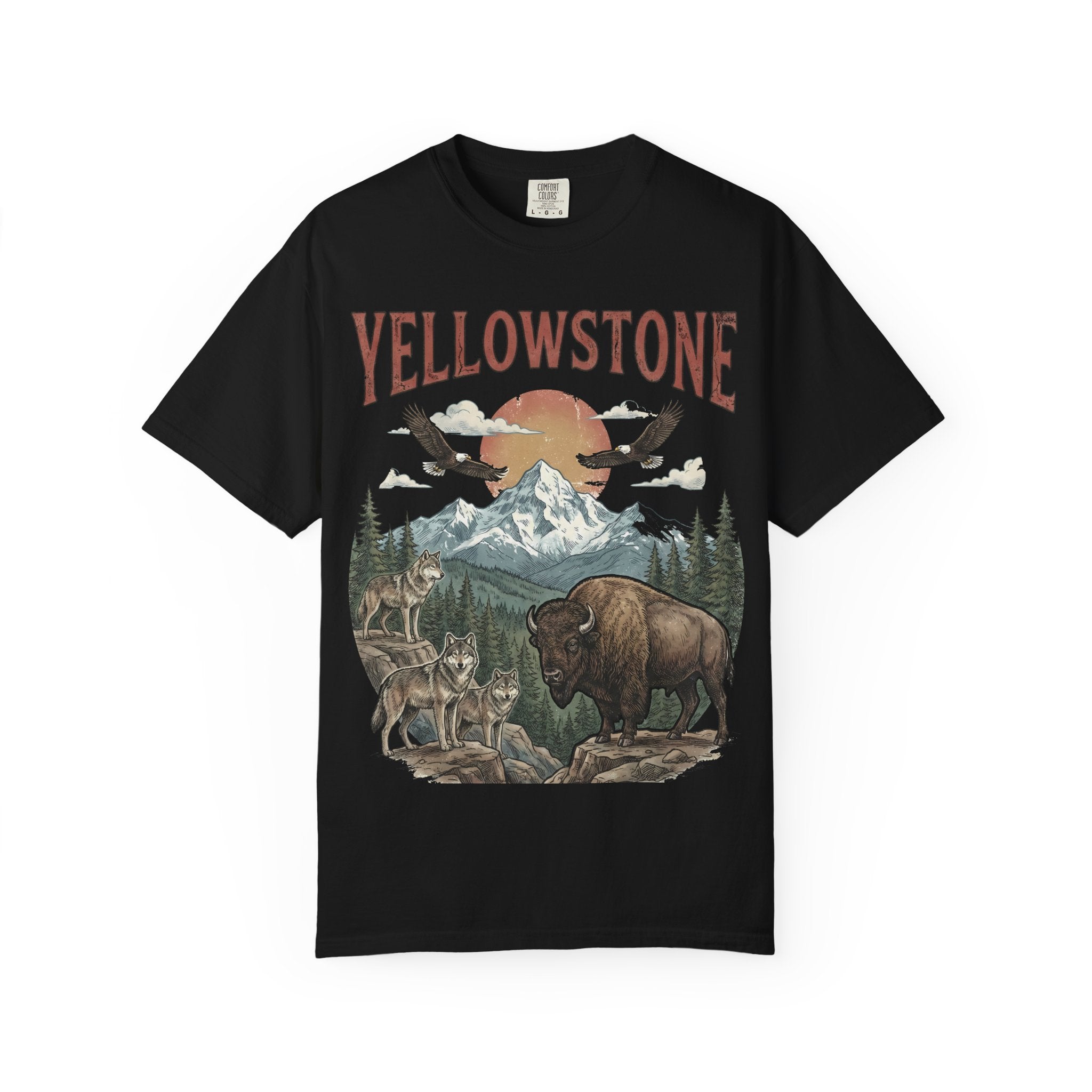Yellowstone Wildlife Graphic T-Shirt — Vintage Bison, Wolves & Mountain Nature Tee