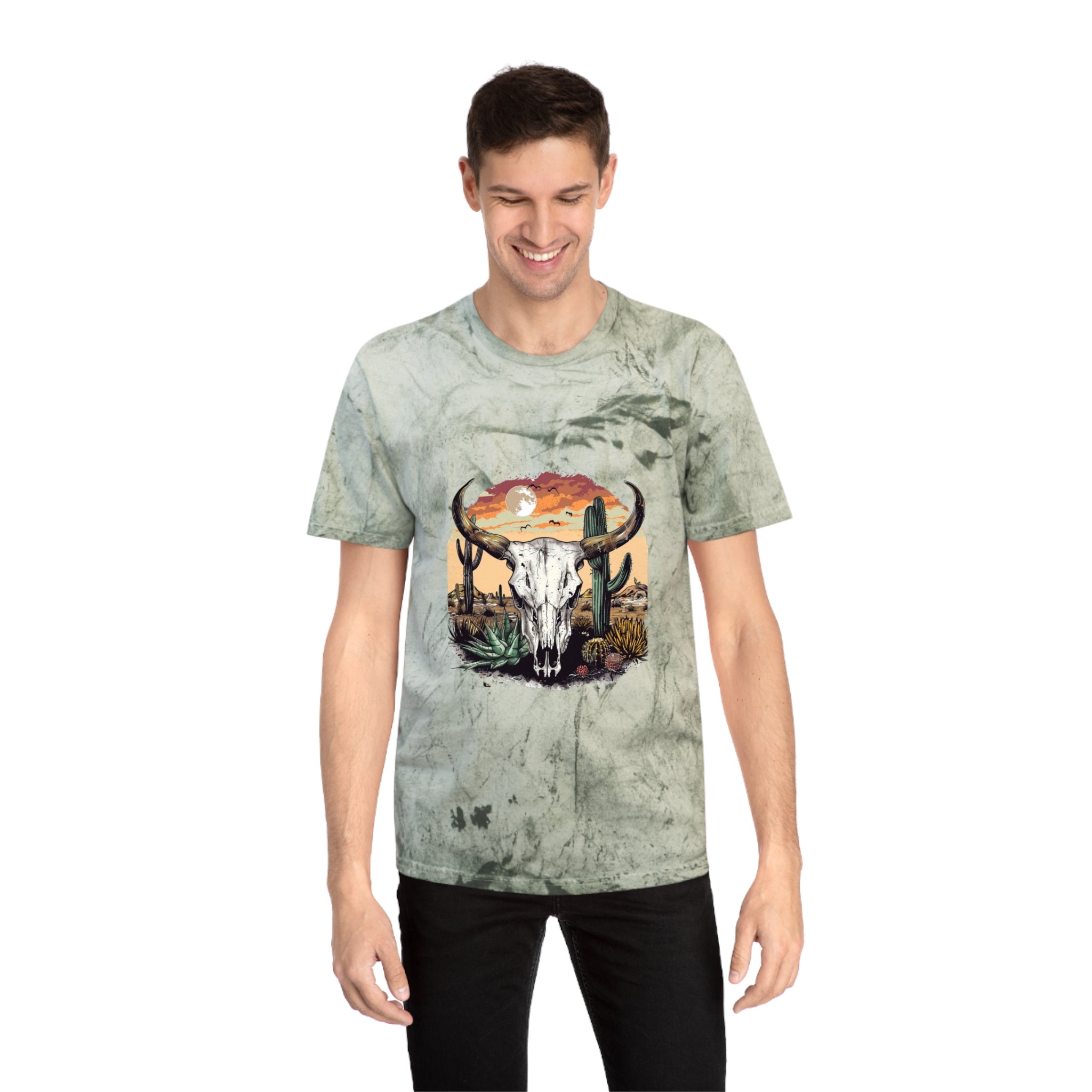 Western Skull Desert T-Shirt — Sunburst Tie-Dye Cactus Graphic
