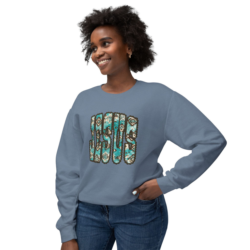 Jesus Floral Crewneck Sweatshirt — Turquoise Boho Faith Pullover