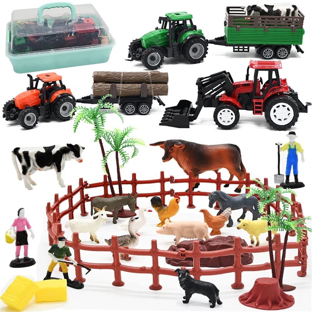 Farm Animals Figures Playset 40 Pcs Farm Toy Tractor with Plastic Farm Animals Figurines Farmer and Fence Farm Playset Farm Figures Farmer Truck Toy with Trailer for Kids Boys Girls Toddlers 3+