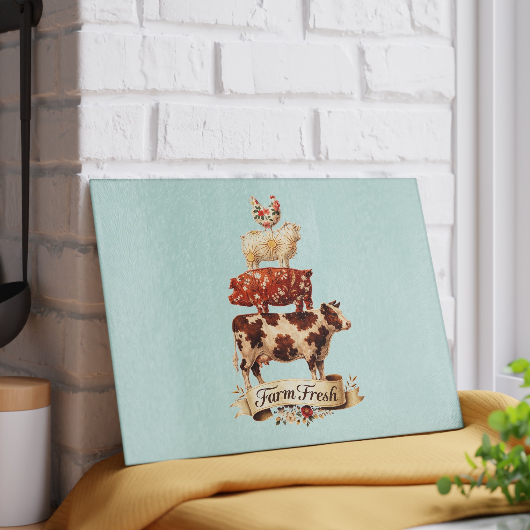 Farm Fresh Stacked Animals Glass Cutting Board