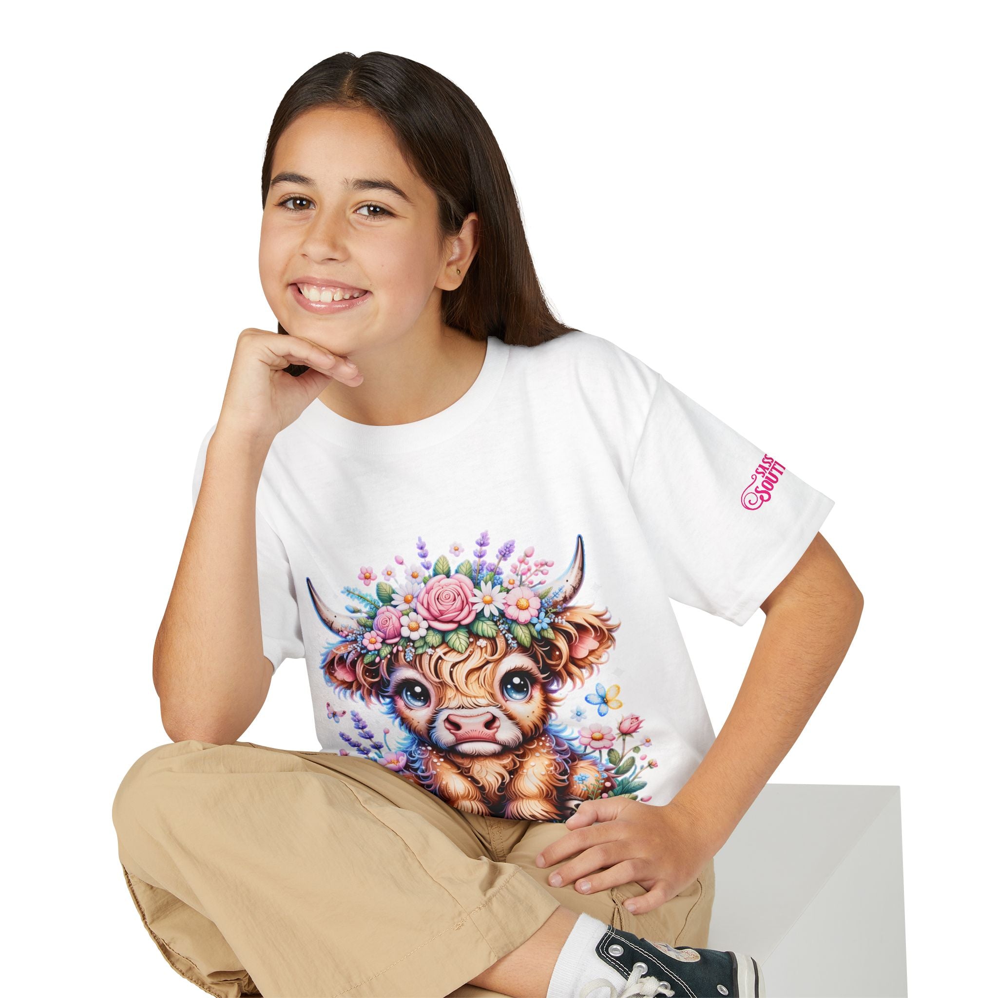 Cute Highland Calf Floral Youth T-Shirt