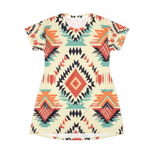 Aztec Diamond All-Over Print T-Shirt Dress — Boho Tribal Pattern