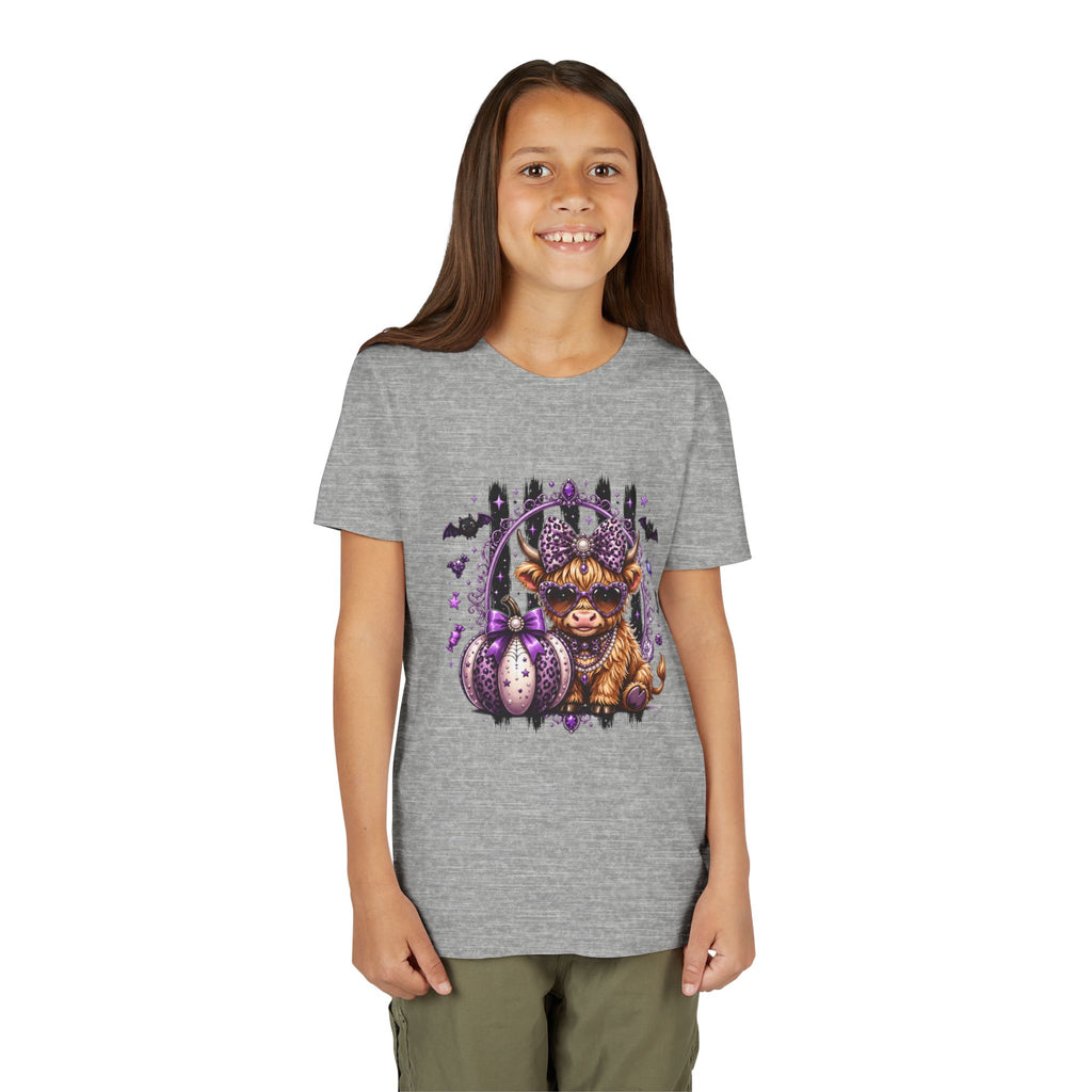 Halloween Highland Cow Youth Tee — Cute Spooky Cow with Purple Pumpkins
