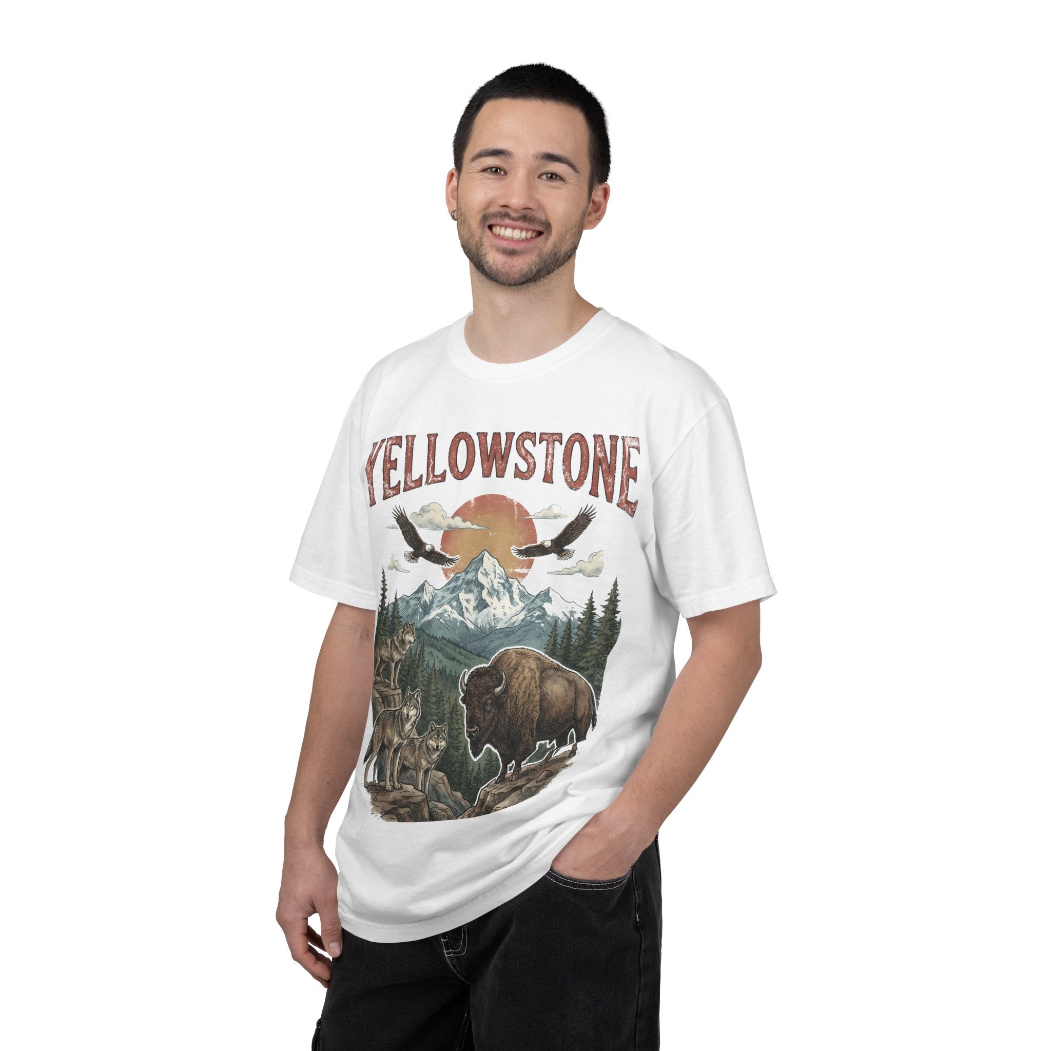 Yellowstone Wildlife Graphic T-Shirt — Vintage Bison, Wolves & Mountain Nature Tee