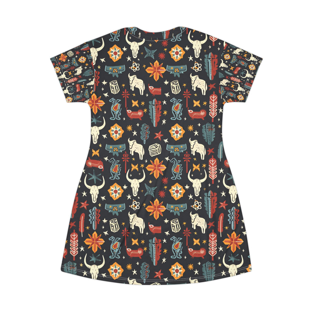 Southwest Boho T-Shirt Dress — All-Over Print Aztec Cow Skull Pattern