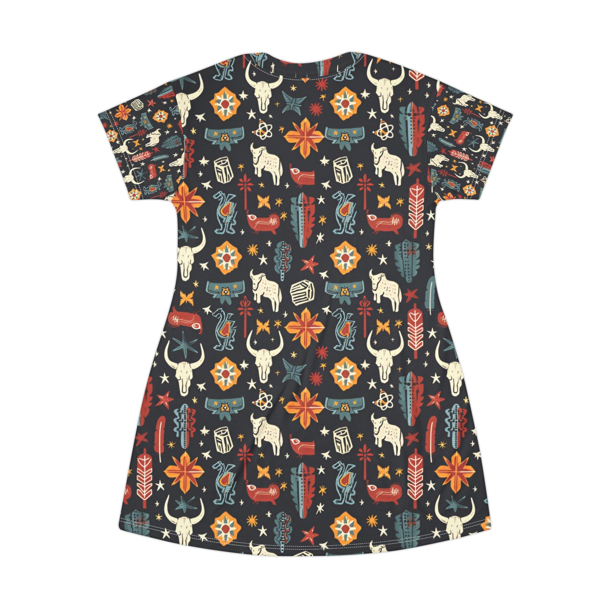 Southwest Boho T-Shirt Dress — All-Over Print Aztec Cow Skull Pattern