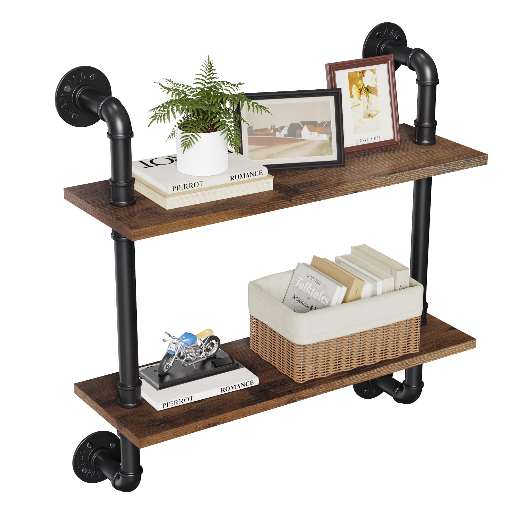 Merapi 24" Industrial Floating Shelves Pipe Shelves for Wall 2 Tier Rustic Wood Wall Shelves for Home Décor Bedroom Living Room Bathroom