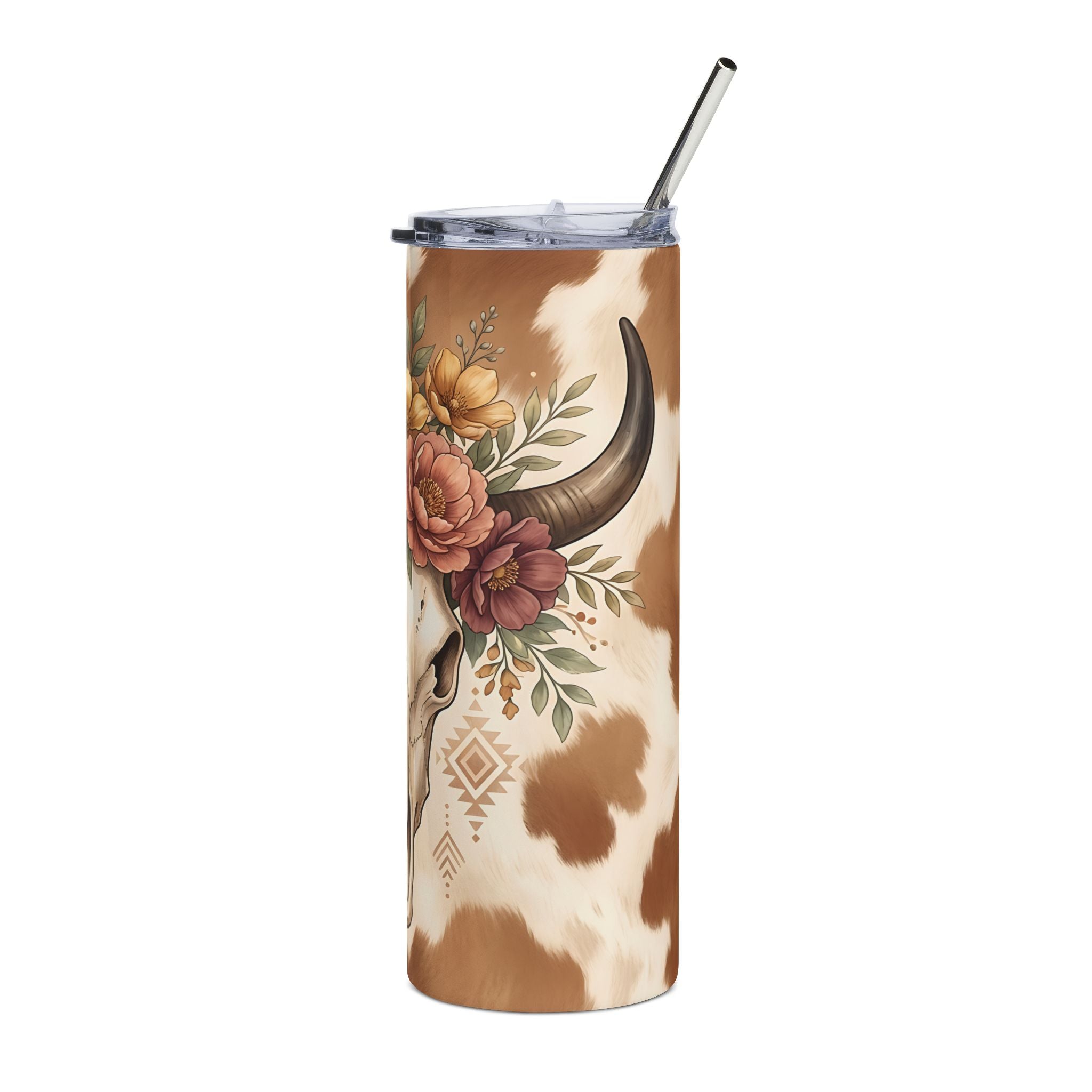 Cow Skull Floral 20oz Stainless Steel Tumbler — Boho Western Insulated Drink Cup