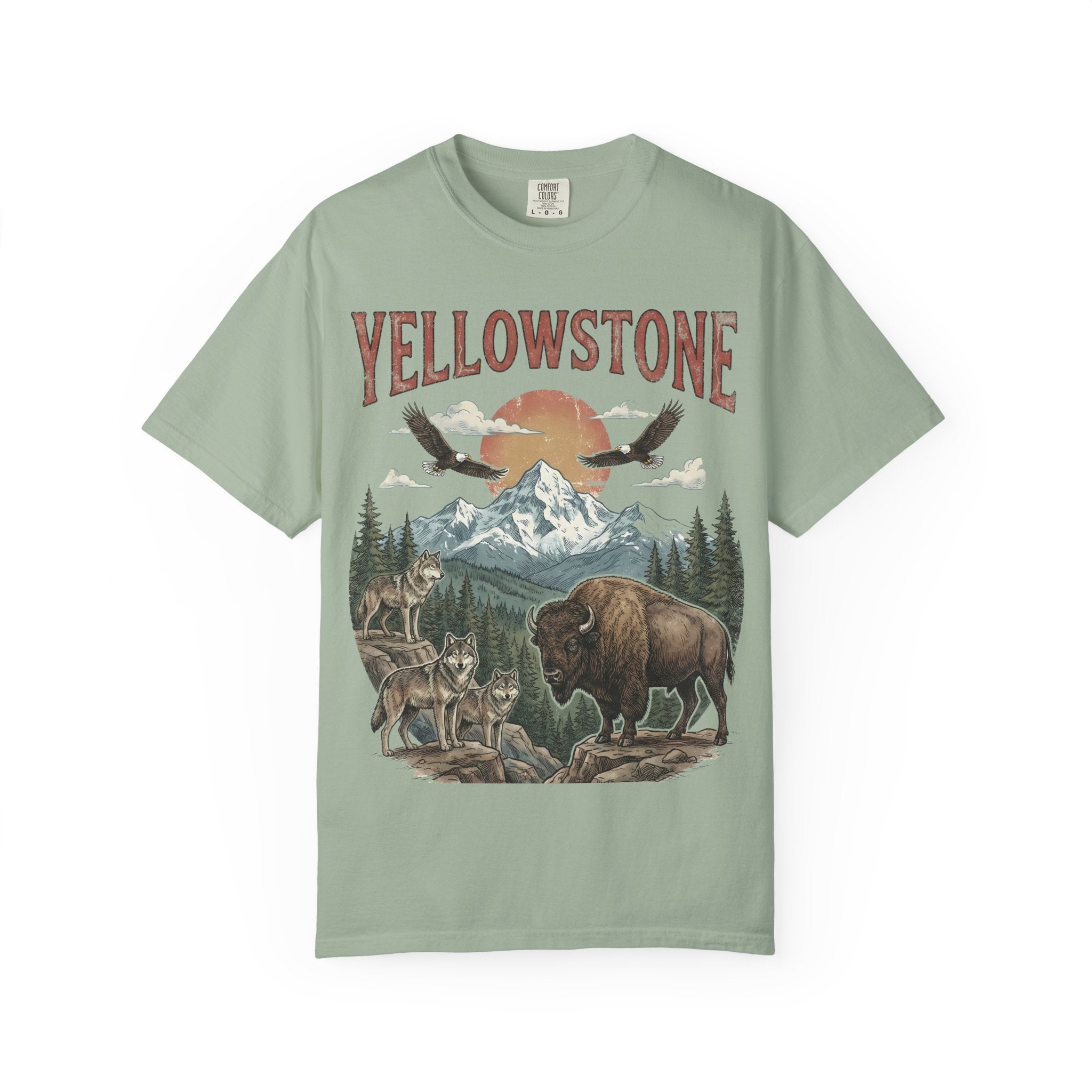Yellowstone Wildlife Graphic T-Shirt — Vintage Bison, Wolves & Mountain Nature Tee