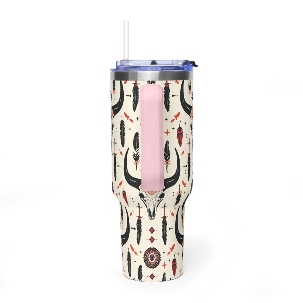 40oz Western Skull Tumbler — Boho Cow Skull & Feathers Vacuum Travel Mug