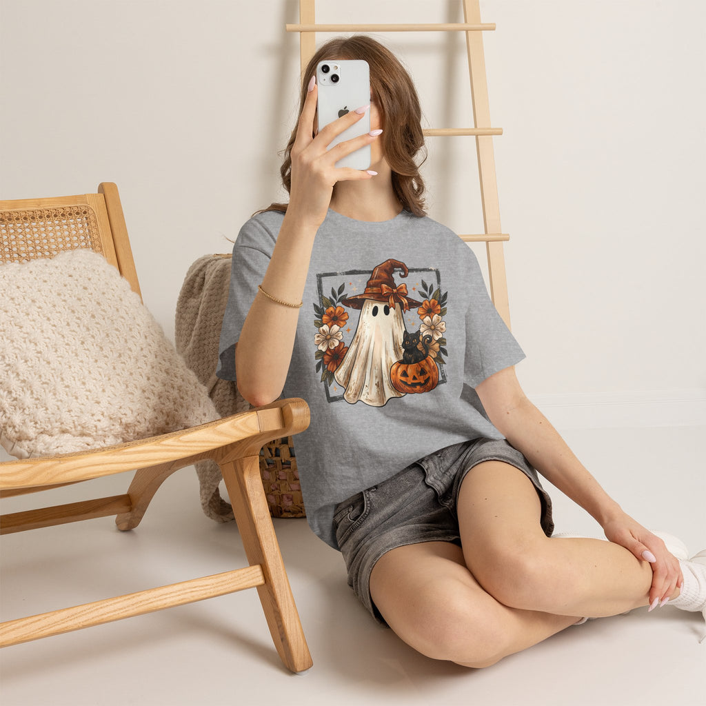 Halloween Ghost Tee — Cute Ghost in Witch Hat with Pumpkin & Flowers