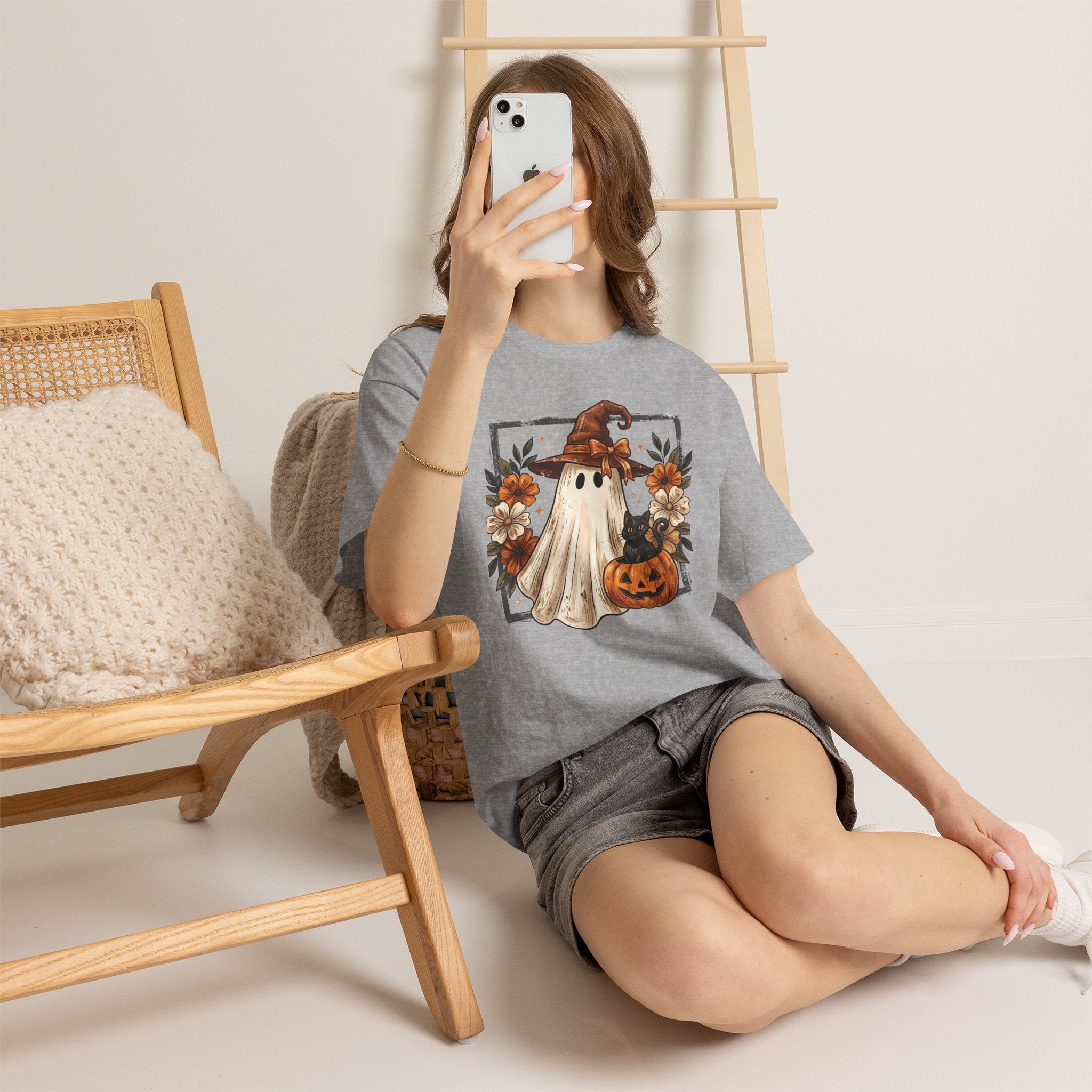 Halloween Ghost Tee — Cute Ghost in Witch Hat with Pumpkin & Flowers