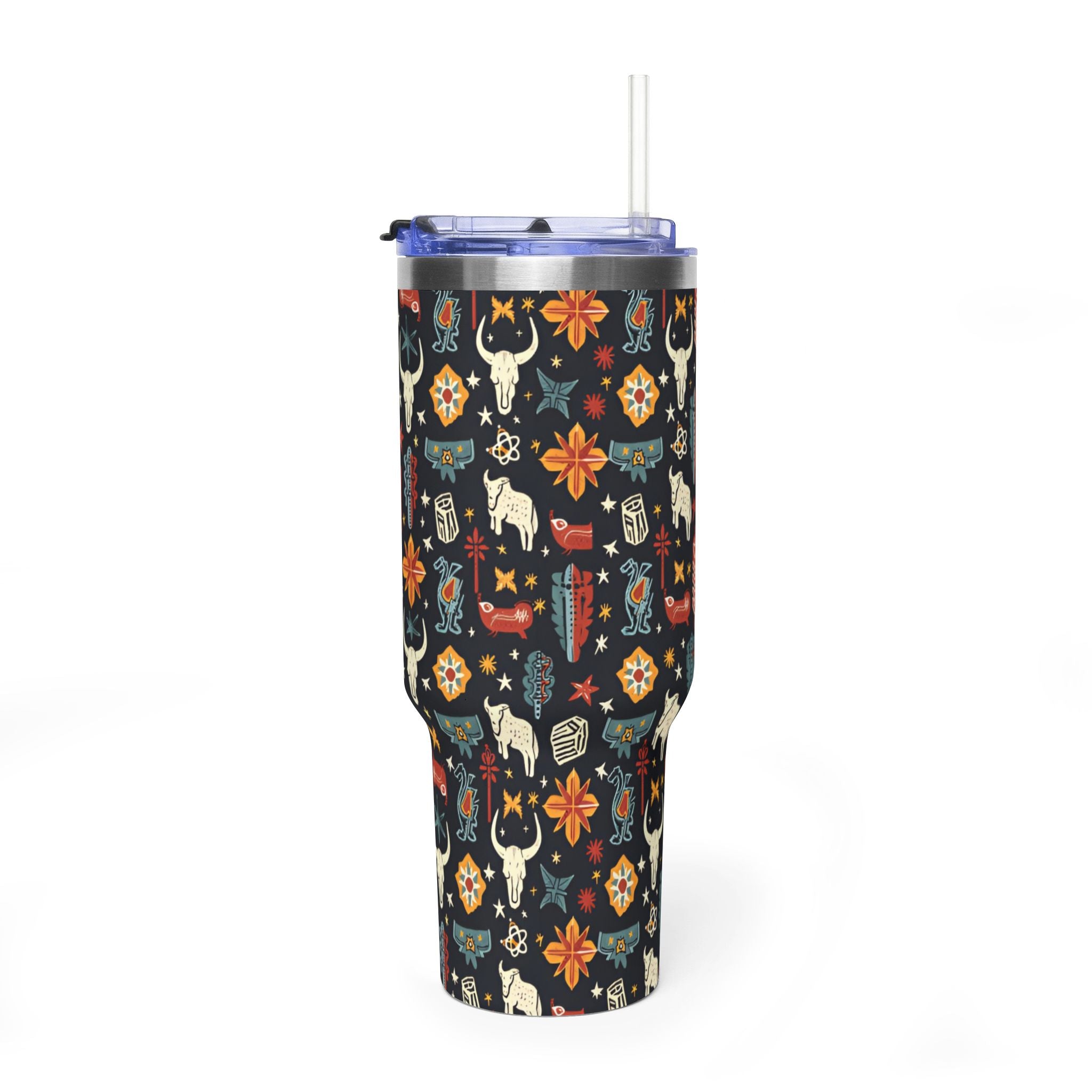 40oz Western Pattern Vacuum Tumbler — Southwestern Cow Skull & Floral Insulated Cup